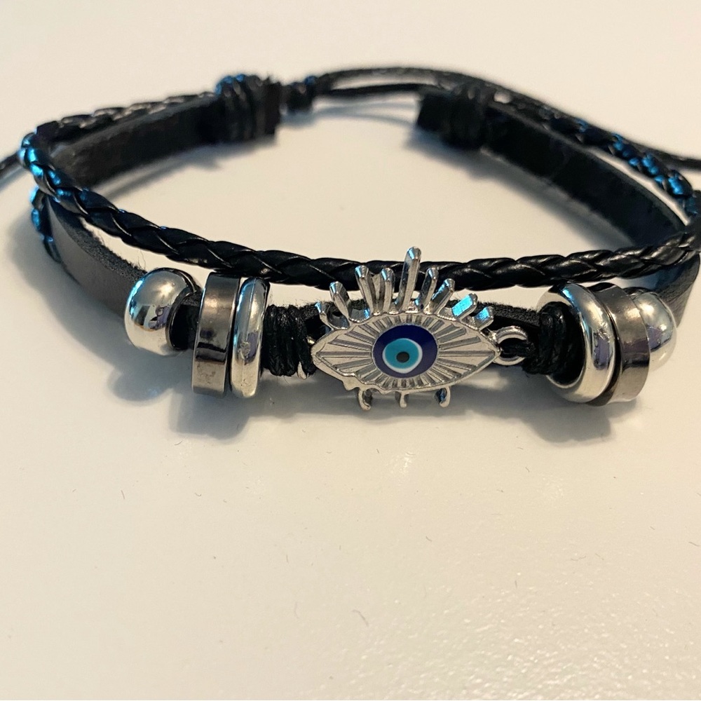 Evil Eye Black Leather Bracelet with Silver Accents